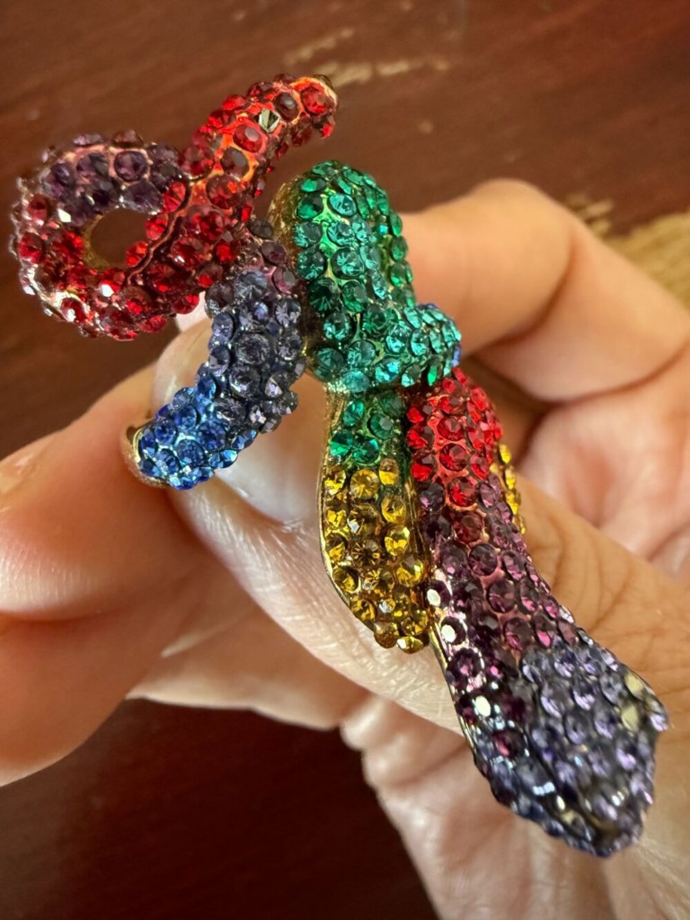 Rainbow Rhinestone Coiled Snake Statement Ring Gold Tone Multicolor Size 6 - Picture 3 of 6